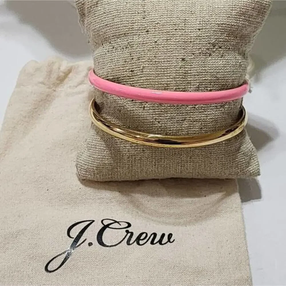 J. Crew Pink Enamel and Gold Tone Stackable Bangle Bracelet Set Stackable